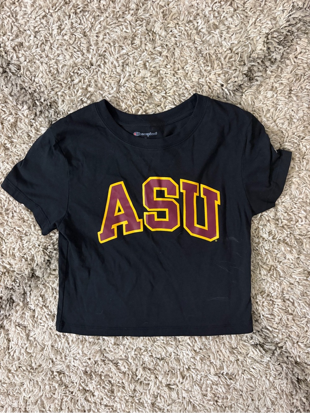 Champion ASU Black Cropped Tee with Maroon & Gold Logo